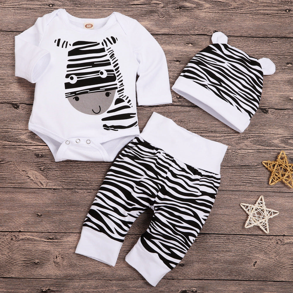Baby Long Sleeve Cartoon Zebra Print Romper Set +