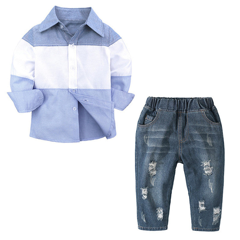 Long-sleeved Shirt Spring And Autumn Bottoming Shirt   Ripped Jeans Suit Boy Two-piece Suit +