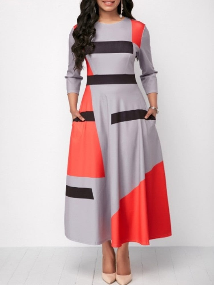 Curved Ample Dress 3/4 Sleeve Geometric Print Dress - Gracious Classy Formal Dress for Women +