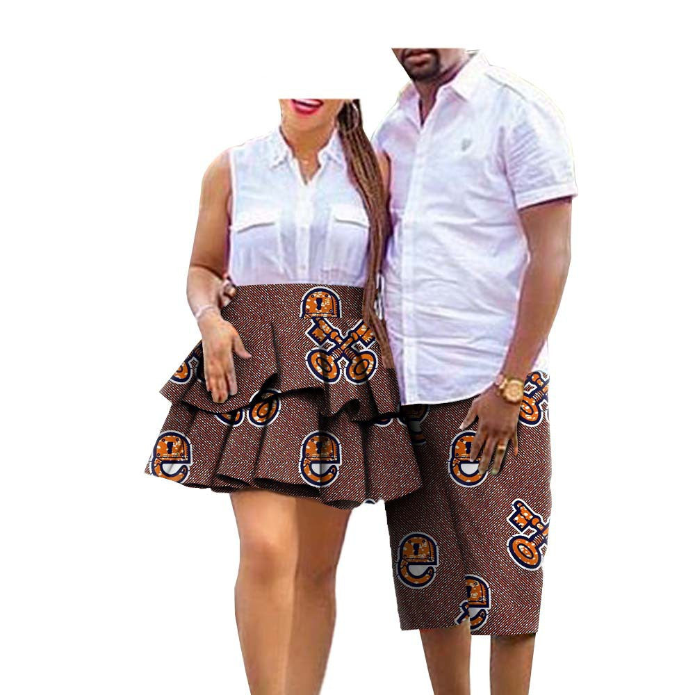 African Print Batik Cotton Couple Suit Ladies Skirt Men's Shorts +