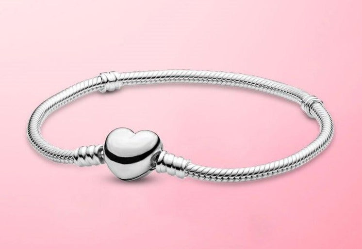 Wrist Elegance Hand-finished Sterling Silver Snake Chain Bracelet with a Heart-shaped Clasp Bracelet for Women +