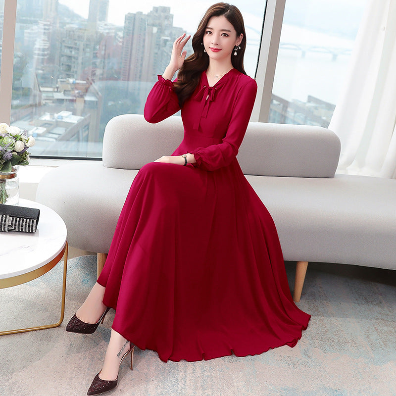 Classy Elegant Women's Dress - Long Sleeve Chiffon Solid Color Dress +