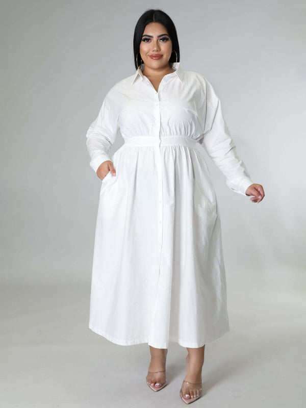 New Plus Size Women's Solid Color Long-Sleeved Shirt Dress +
